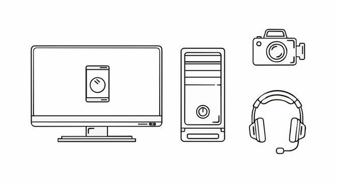 Simple line drawing of computer icons including monitor, tower, camera, and headset in a digital environment