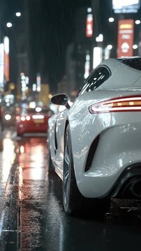 Automobile, gleaming white luxury vehicle standing on a slick wet street, reflecting brilliant city light during a steady night rain, metropolitan area, dramatic mood.