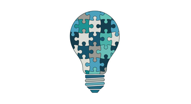 Abstract puzzle pieces forming lightbulb on transparent background