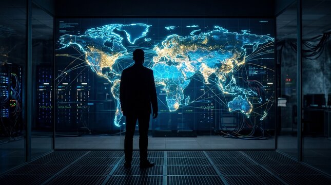 Man Standing Before Futuristic Global Data Visualization Screen.