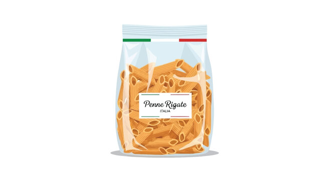 Bag of penne pasta with green stripe on white background