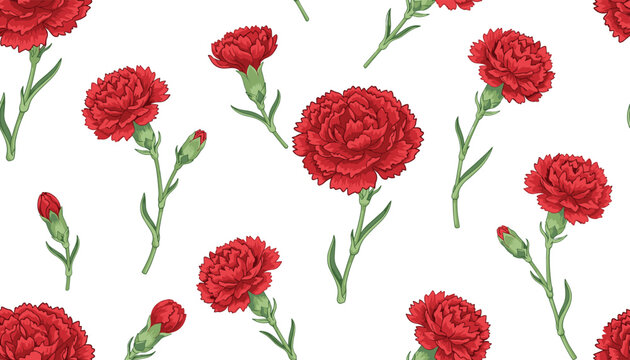 Cartoon carnation floral pattern icons with stems and leaves representing decorative botanical nature symbol vector illustration