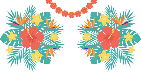 Cartoon tropical floral icons with hibiscus and bird‑of‑paradise representing exotic summer celebration symbol vector illustration © Sheikh
