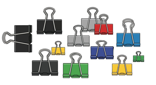 Black, yellow, and green binder clips on transparent background