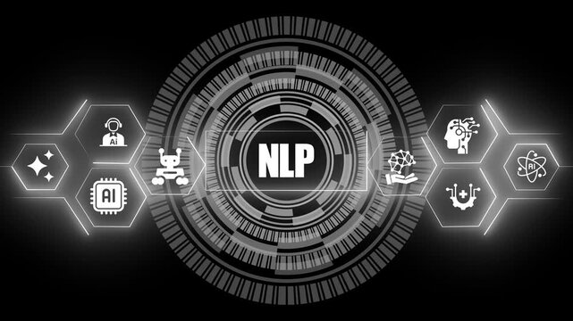 Natural language processing concept featuring a central circular digital interface surrounded by glowing monochrome hexagonal representing various machine learning and robotic technology