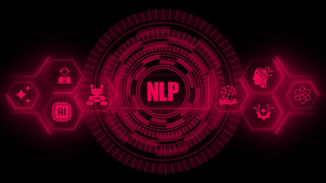 Natural language processing concept featuring a central circular digital interface surrounded by glowing red hexagonal representing various machine learning and robotic technology themes