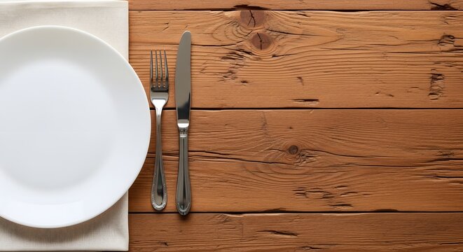 Elegant Table Setting with Plate and Silverware on Rustic Wood Surface