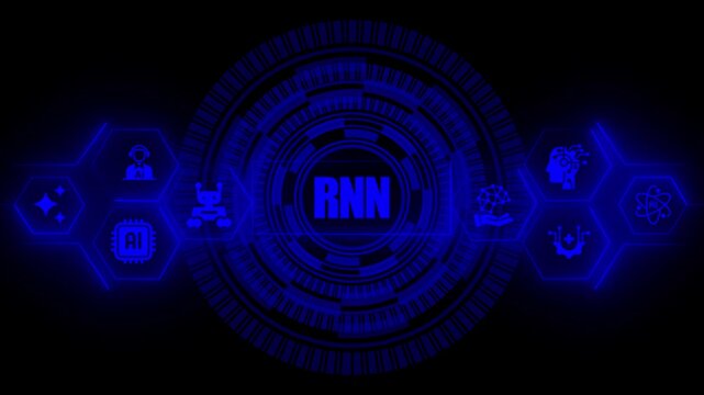 Rn recurrent neural network text displayed inside a glowing blue circular digital interface surrounded by various artificial intelligence on a dark background for tech concepts