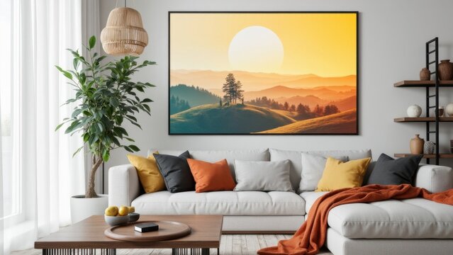 A comfortable living room with a large wall print depicting a mountain landscape at sunset.