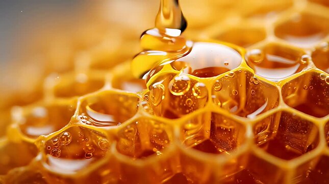 Golden honey dripping on honeycomb cells.