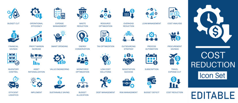 Cost Reduction and Financial Savings solid icon set. Featuring expense management, budget cut, resource optimization, and asset rationalization. Vector icons for corporate projects and annual reports.