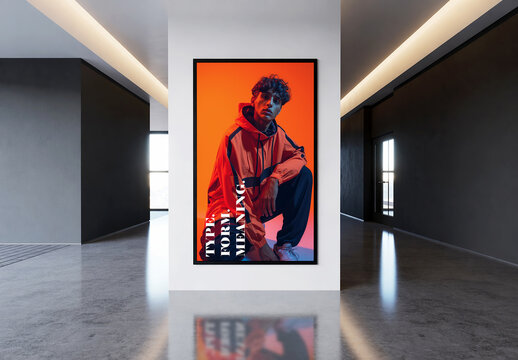 Large Vertical Poster Frame Mockup in Modern Minimalist Hallway with Fashion Model Design