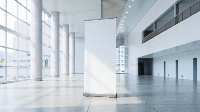 Blank White Roll Up Banner Mockup in Bright Modern Office Hall Interior