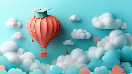 Obraz premium Whimsical graduation card showing a hot air balloon with a graduate cap floating among clouds The design suggests limitless possibilities and soaring to new heights