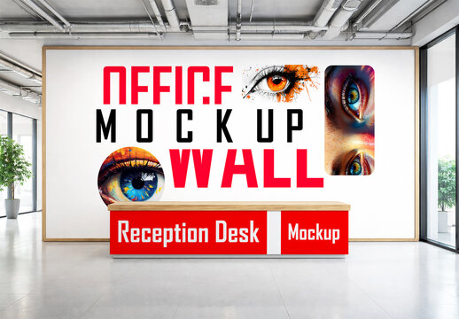 Office reception wall mockup template with abstract eye art