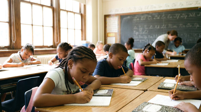 Realistic classroom scene with the student in sharp focus while background is softly blurred using intentional shallow depth of field. Natural lighting and clean composition for educational stock phot