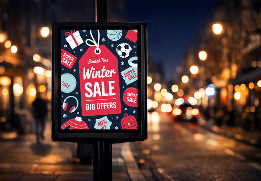 Night Street Billboard Mockup with Winter Sale Poster