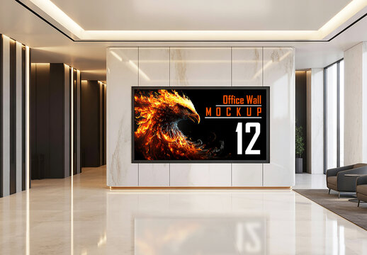Office Wall Display Mockup in Modern Lobby Interior