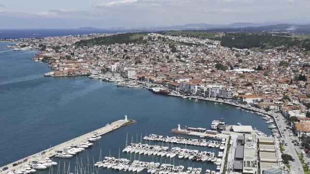 Aerial Drone View of Ayvalik Town Center, Coastal Architecture and Aegean Sea in Turkey