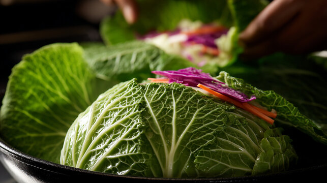 Close-up of hands preparing fresh green cabbage wraps with colorful shredded vegetables