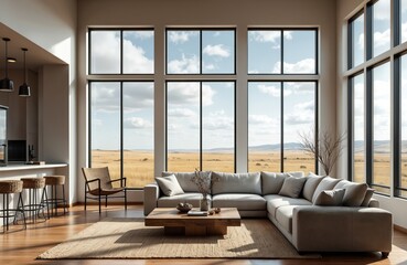 Fototapeta premium Modern living room with expansive windows framing a golden prairie landscape. Comfortable sectional sofa and stylish armchairs invite relaxation. Natural light fills the spacious room.