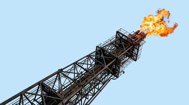 Industrial oil rig flare stack with burning flame. Gas refinery tower structure against blue background. Copy space for text