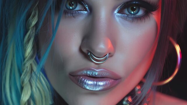 Portrait of a woman with metallic makeup and septum ring in neon light