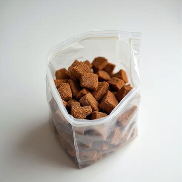 Open bag full of freeze dried dog food chunks. Brown savory pieces packed for pet nutrition. Healthy canine treats ready for meal prep. Wholesome pet food supply for easy feeding.