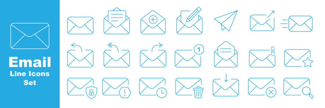 Mail with attachment icon set. Email message with paperclip symbol on white background. Professional email envelope icon set in outline and solid styles for digital messaging and correspondence,
