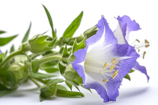 A close-up photo of a purple and white flower with green leaves and buds on a white background.