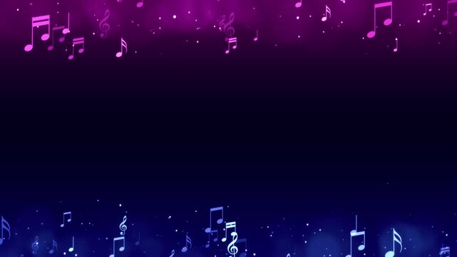 music note and shiny glittering blue pink stars border frame animation, musical concert and party social media and story motion background