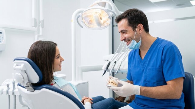 Smiling male dentist offers professional guidance and patient education to a woman during a dental consultation, fostering trust in a modern clinic