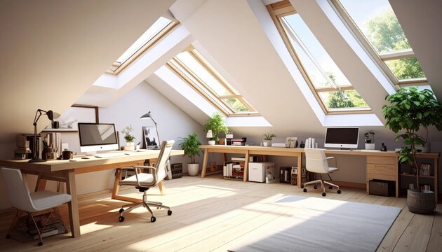 Bright and spacious attic home office with skylights and modern workstations
