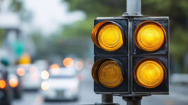 Yellow Traffic Signal Illuminating Busy Intersection with Blurred Vehicles in Background on a Cloudy Day