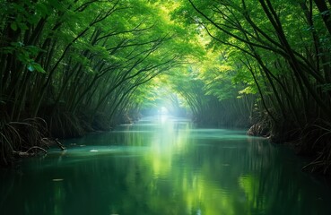 Obraz premium Green tunnel formed by trees over river. Sunlight shines through leaves creating bright natural corridor. Water reflects rich foliage. Mangrove forest landscape.