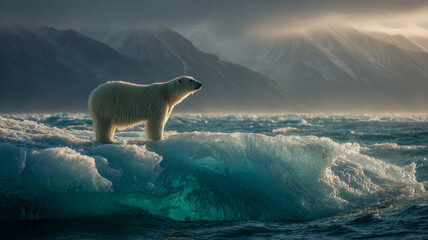 Naklejka premium Majestic polar bear on a blue-green iceberg under cinematic dawn light, dramatic warm and cool contrast, vast negative sky ideal for Earth Day and climate change campaign layouts.