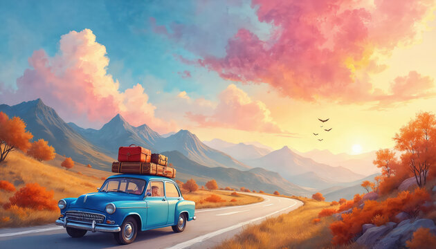 Blue vintage car with stacked luggage drives on road through mountains. Colorful sky with clouds and autumn trees create a scenic landscape. Journey begins.