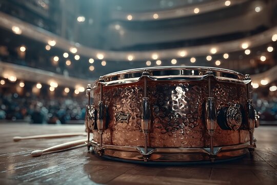 Polished orchestral timpani drum center stage in empty concert hall images