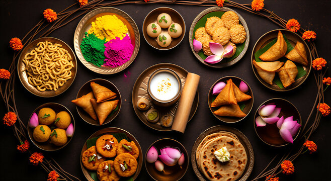 Vibrant assortment of traditional indian festival sweets and snacks arranged beautifully for cultural celebration display
