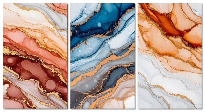 Fluid art triptych with swirling colors and gold accents abstract marbling metallic