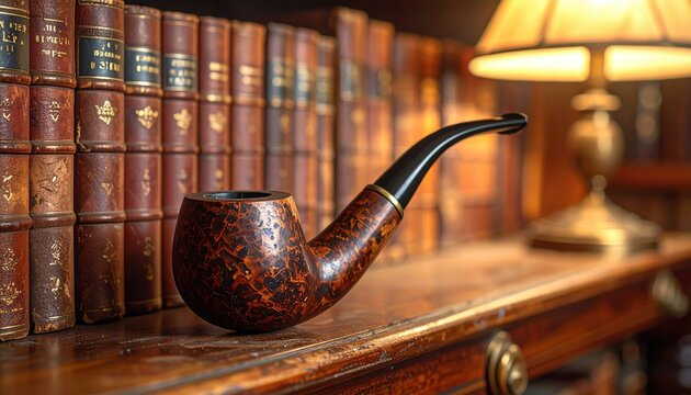 A well-worn briar tobacco pipe with rich patina resting on a wooden surface, surrounded by antique books and soft lamp light.