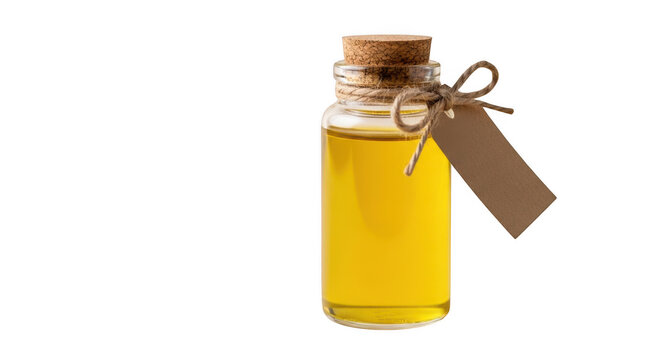 Glass bottle with yellow liquid and tag