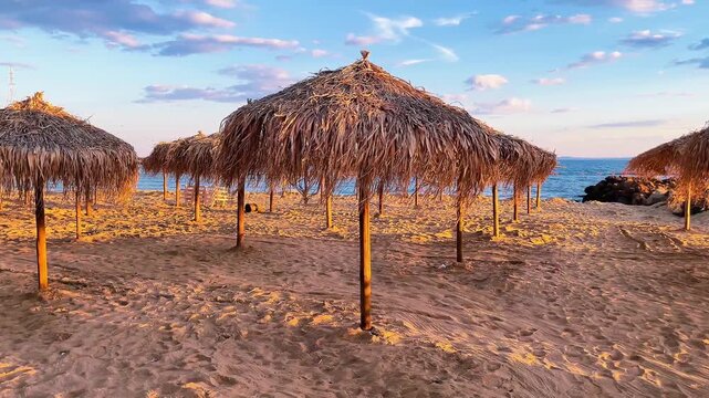 Row of straw beach umbrellas and sunbeds at sunset on a calm resort