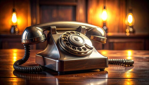 Antique chrome-plated rotary dial telephone rests on a wooden table, evoking classic communication and timeless design