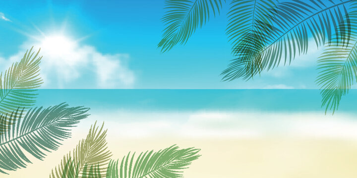 Sunny tropical beach landscape with palm leaves and clear blue sky