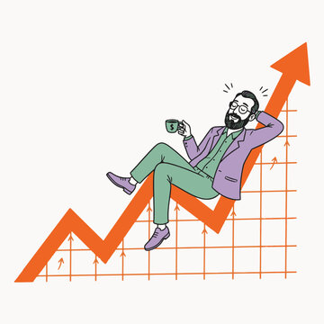 Relaxed Businessman Resting on Rising Profit Arrow with Cup of Coffee