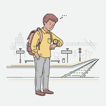 Young Man Checking Wristwatch at Train Station Platform Vector Illustration
