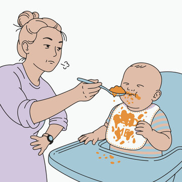 Stressed Mother Feeding Messy Baby in High Chair Vector Illustration