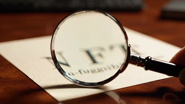 Magnifying Glass Over NFT Text on Paper Examining Digital Asset Non Fungible Token Concept