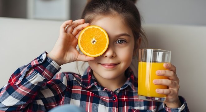 Young girl holding a glass of fresh orange juice and a half orange slice covering one eye in a bright cozy kitchen setting for healthy lifestyle and breakfast themes